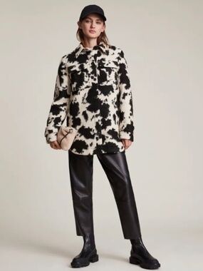 Allsaints Women's Oversized Jessa Jacket Shacket US8 Wool Blend Cow Print B/W